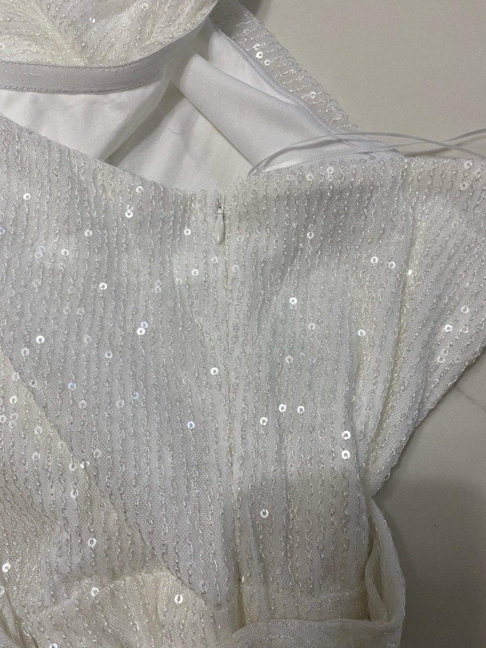 One-Shoulder White Sequin Jumpsuit with Tie Waist - Picture 5 of 7